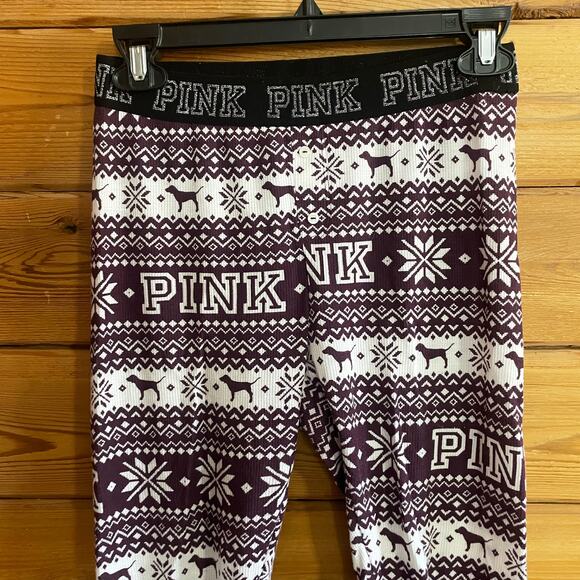 VS PINK Maroon and White Snowflake Thermal Pajamas Small - Picture 4 of 6